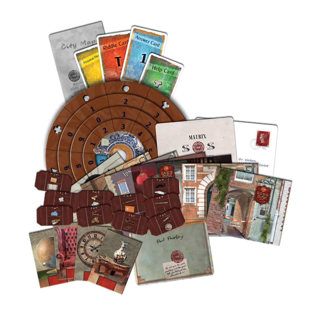 The contents of the game. It includes riddle cards, answer cards, help cards, a cipher wheel, location cards, and some &quot;strange items&quot; for gameplay..