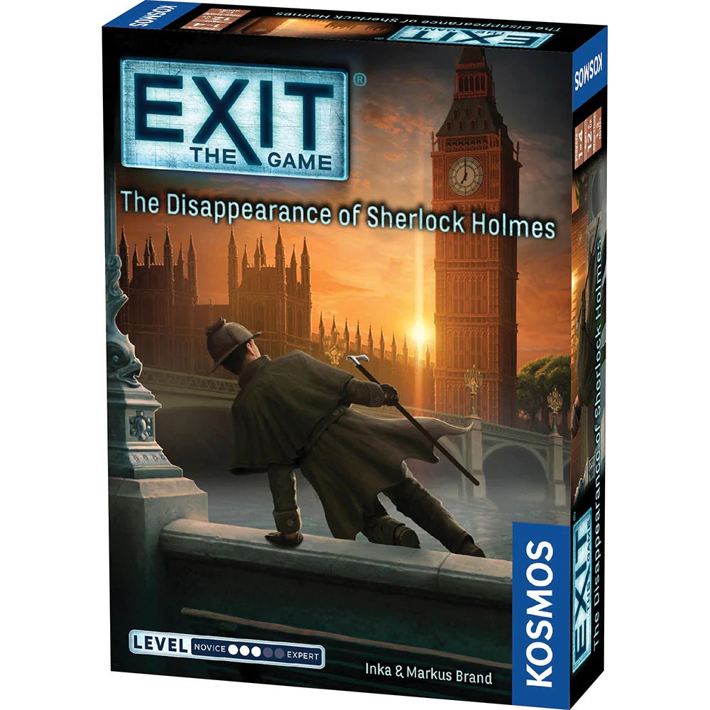 The front of the game box. It shows Sherlock Holmes jumping over a stone wall in London. It appears to be sunset and Big Ben looms in the background.